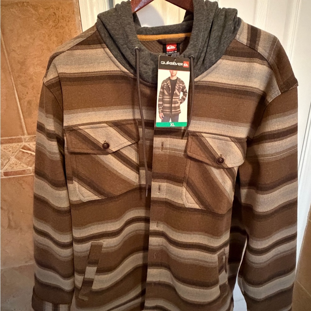 Quiksilver Brown & Gray Striped Lightweight Hooded Shirt Jacket New Tags